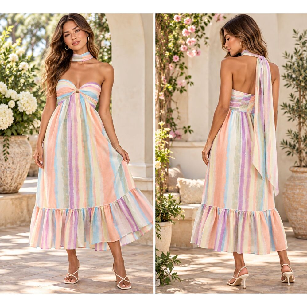 Lulus Kelia Midi Dress and Scarf Set Peach Multi Striped Size L NWT